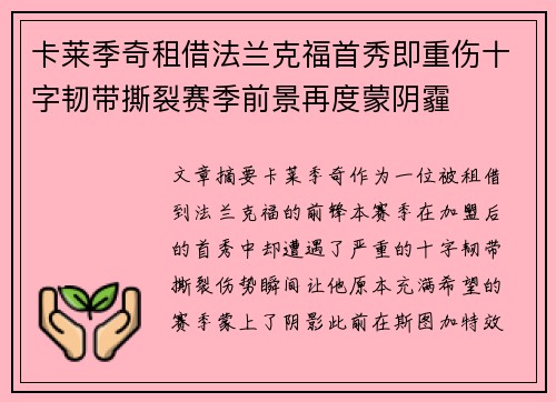 卡莱季奇租借法兰克福首秀即重伤十字韧带撕裂赛季前景再度蒙阴霾 卡莱季奇租借法兰克福首秀即重伤十字韧带撕裂赛季前景再度蒙阴霾